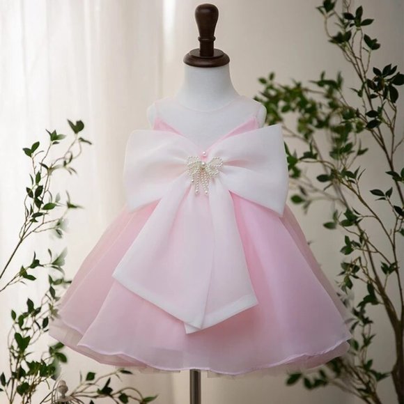Beaded bow sleeveless pink princess dress